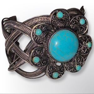 Turquoise and Silver Tone Braided Floral Cuff Women’s Bracelet Jewelry